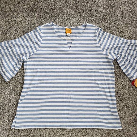 RUBY RD Blue white Stripe Top 3/4 Length Bell Sleeves 2x New with Tag - Picture 1 of 9